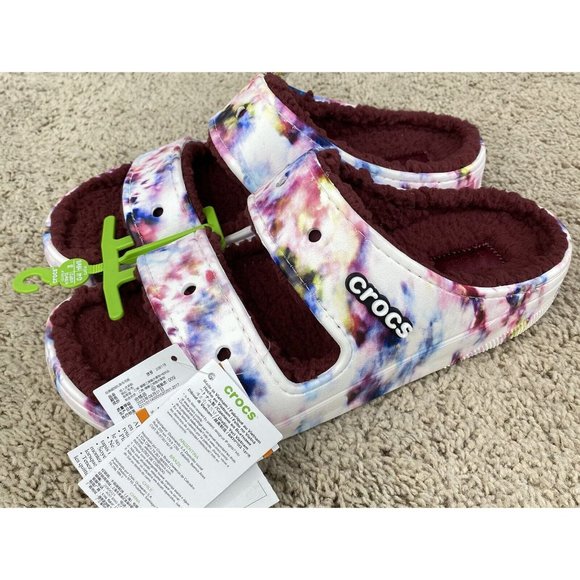 Crocs Classic Cozy Sandals Tie Dye Garnet Slip On Warm Fuzzy Unisex M10 W12 NWT - Picture 2 of 10